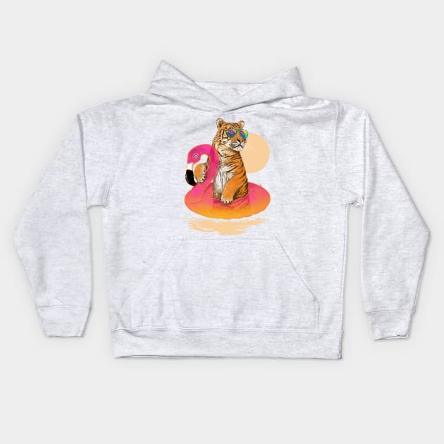 Chillin (Flamingo Tiger) Kids Hoodie by 38Sunsets
